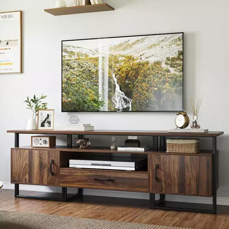 75 Inch Industrial TV Stand - Mid Century Modern Media Console with Storage Drawer & Cabinet, 70 Entertainment Center, Rustic Brown
