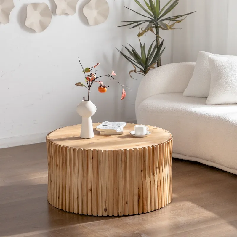Round Wooden Coffee Table with Retro Relief Design