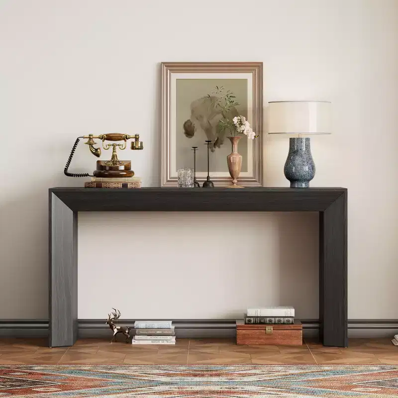 Elegant Console Table with Fireplace Design, Functional Entryway Table with Wood Veneer Top, Accent Table for Living Room, Hallway