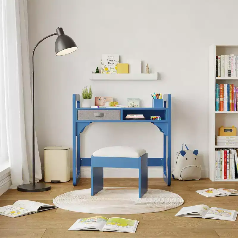 Wooden Study Desk and Chair Set with Cloth Drawers and Pen Holder
