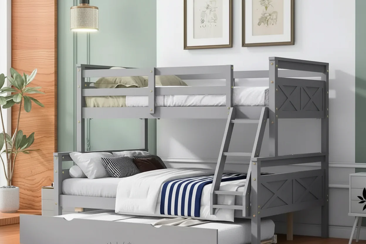 Twin over Full Bunk Bed with Staircase, Twin Trundle & Safety Guardrails – Solid Wood, Gray