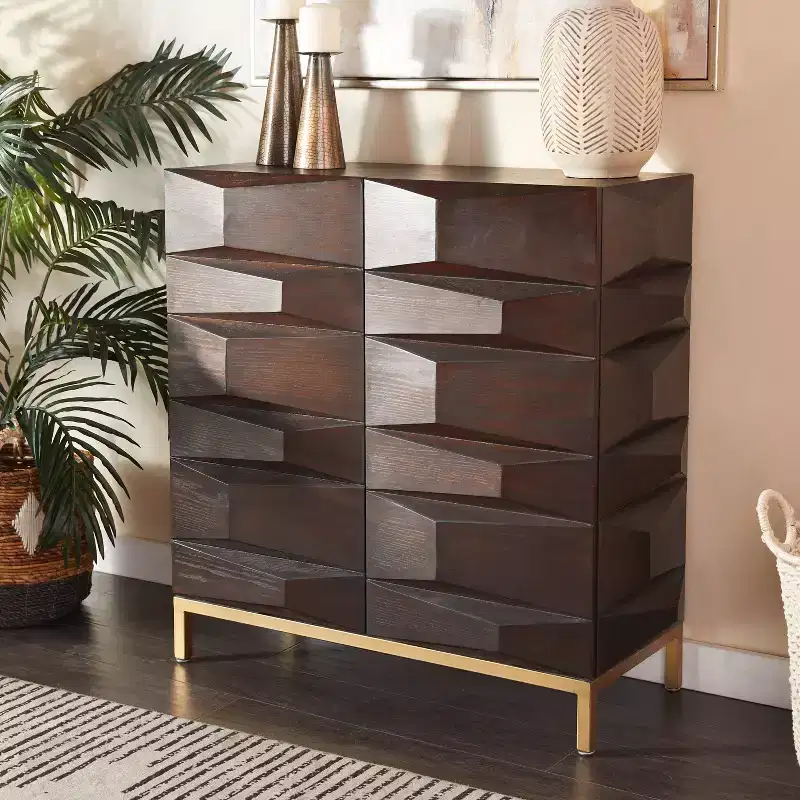 Contemporary Facet Carved Wood Side Cabinet, 2 Doors, Brown & Gold, 100 lbs