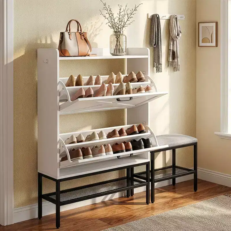 47 W Barn Door Flip Shoe Cabinet with Mesh Metal Legs Padded Bench