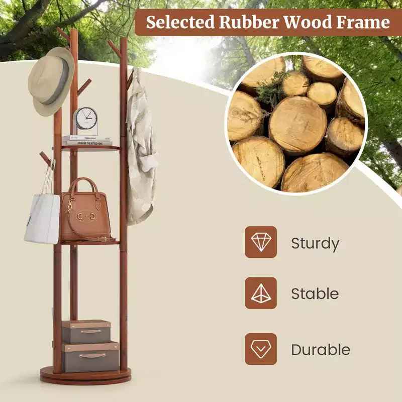 Freestanding 360° Rotary Wooden Coat Rack with 3 Shelves & 9 Hooks