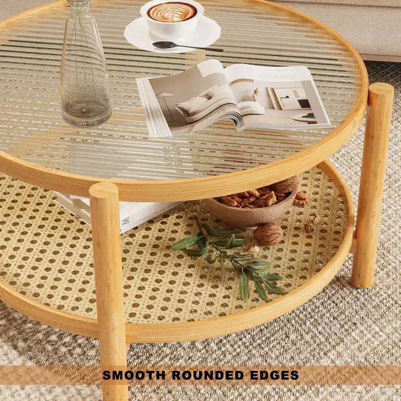 Round 2-Tier Coffee Table, Natural Bamboo & Clear Glass Top