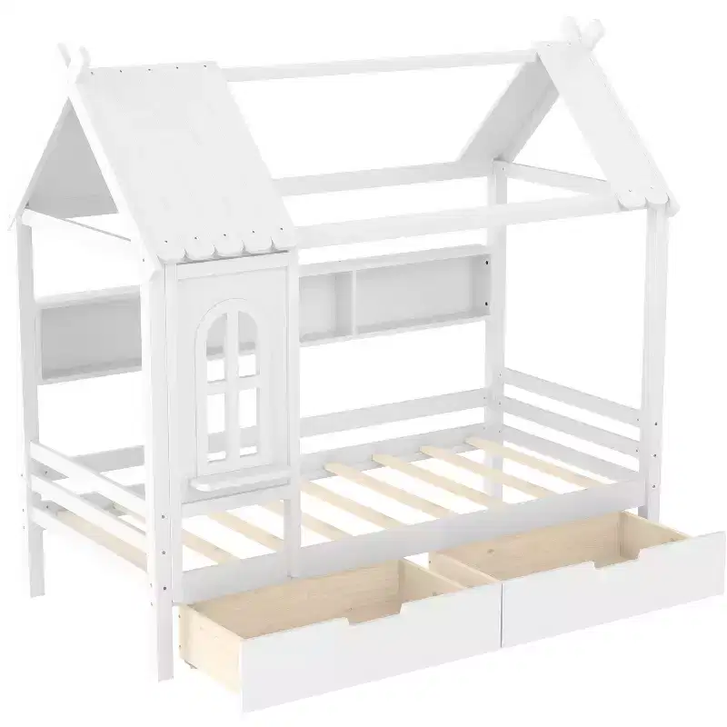 Kids House Platform Bed with Storage Drawers, Built-In Shelves & Window - Twin, White