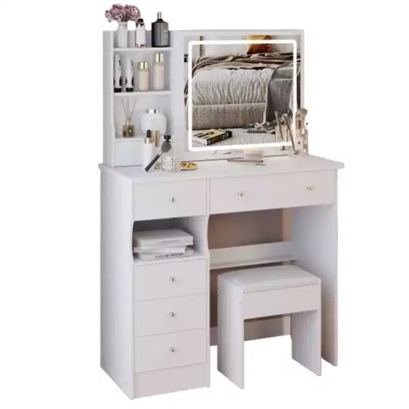 Vanity Table with Lighted Mirror and Stool, Small Space, White