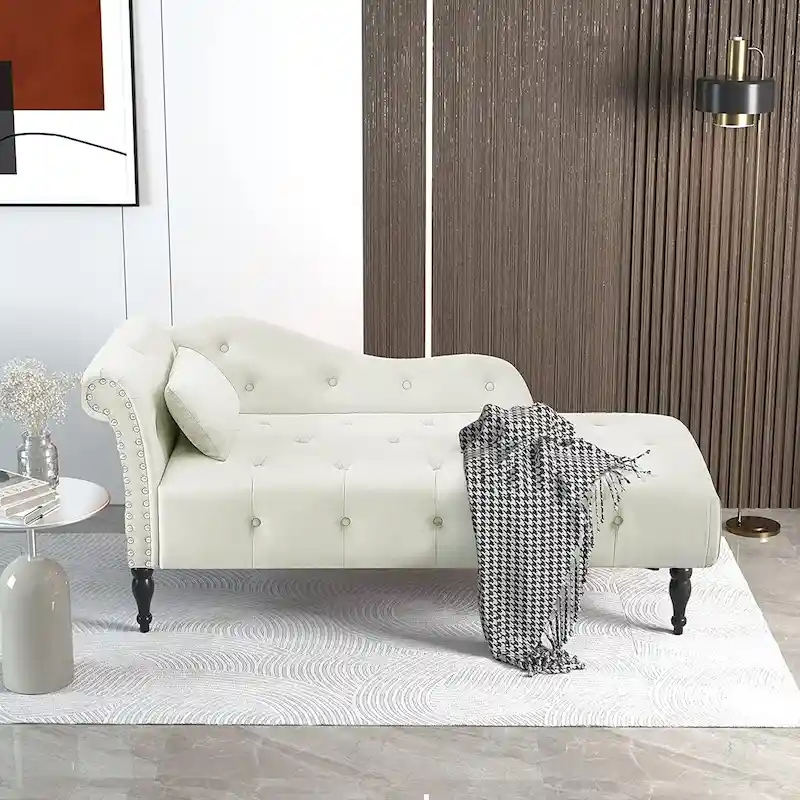 61 Velvet Chaise Lounge Chair with 1 Pillow and Nailhead Trimmed