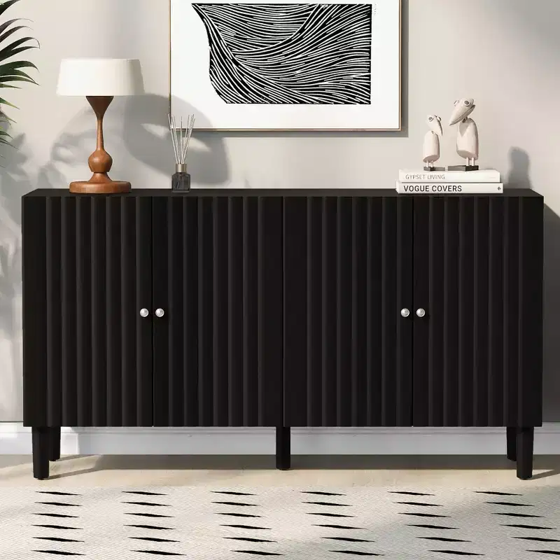 Modern Elegant Sideboard with 4 Wavy Pattern Doors and Cylindrical Legs, 58'' Storage Cabinets with Adjustable Shelves, Accent Entryway
