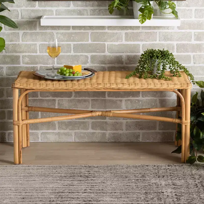 Cacaban Rattan Accent Bench Natural/Brown - bali & pari: Handcrafted, Indoor Furniture, Entryway Seating