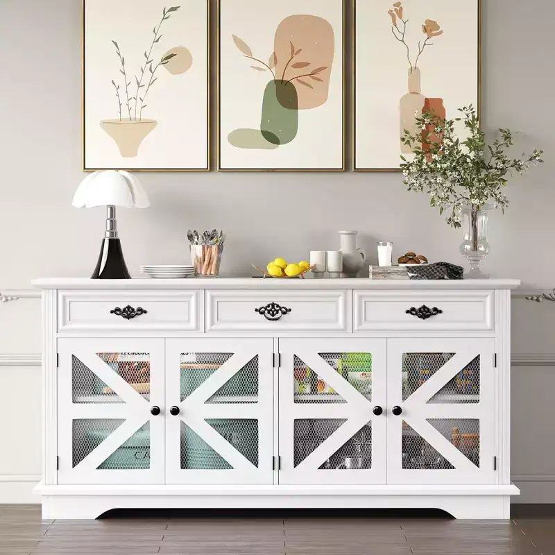 Modern Farmhouse Buffet Cabinet with 3 Drawers, 63 Kitchen Storage Sideboard with Rustic Barn Doors & Adjustable Shelves - White