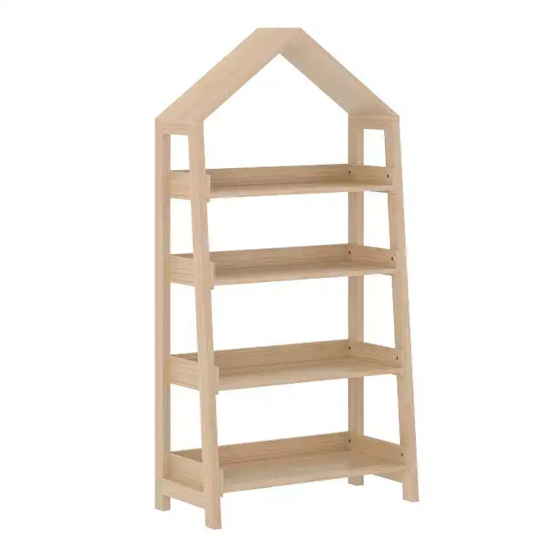 Wood Open Bookshelf with Covered Triangular Top, 4 Shelves and Squared Legs