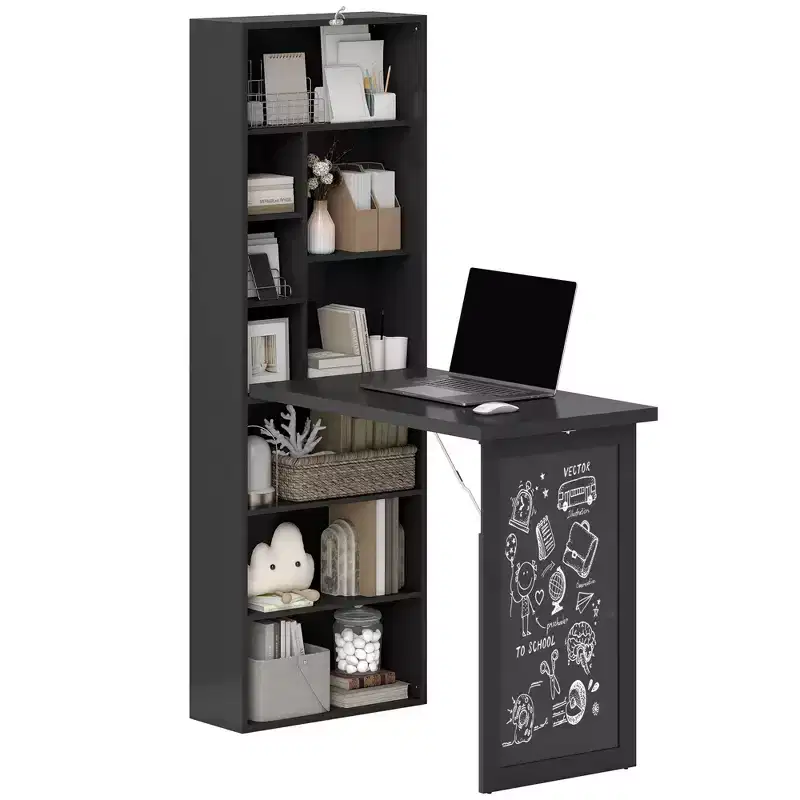 HOMCOM Fold-out Convertible Writing Table, Wall Mount Desk Cabinet with Blackboard and Side Shelf Multi-Function Home Office Workstation