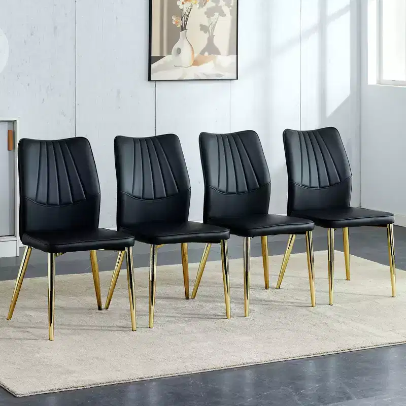 Mid-Century Modern Dining Chairs Set of 4 - Black PU Leather Padded Seats, Silver Metal Legs, Stylish Accent Chairs for Kitchen/Living Room