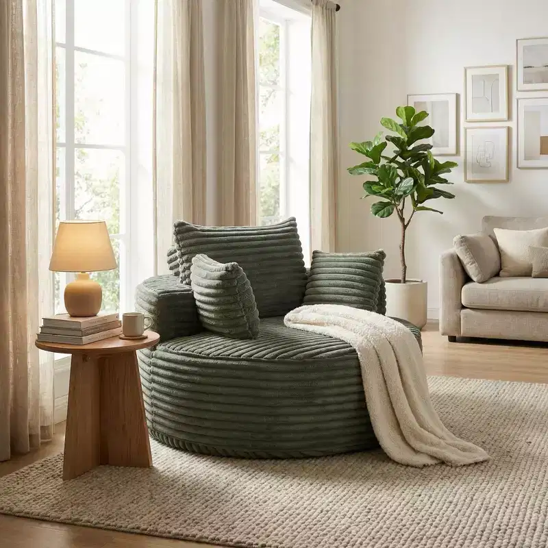 FurnitureR Round Lounge Chair, Corduroy Upholstered Accent Chair with Deep Seat, Modern Comfy Single Sofa for Living Room Bedroom Apartment