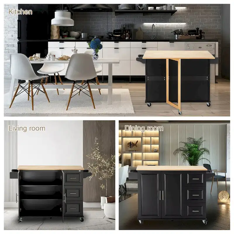 Mobile Kitchen Island & Kitchen Cart,With Extendable Rubber Wood Top and 3 Drawers - 53.93(L) x 17(W) x 36.22(H
