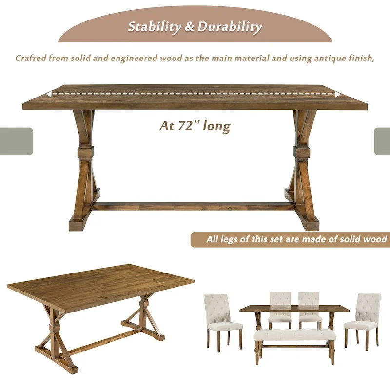 6-Piece Farmhouse Dining Table Set 72 Wood Rectangular Table, 4 Upholstered Chairs with Bench