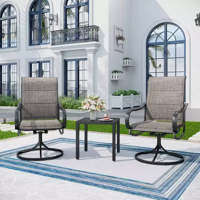 3pc Patio Dining Set with Small Square Table & 360 Swivel Padded Arm Chairs - Captiva Designs: Weather-Resistant Outdoor Furniture