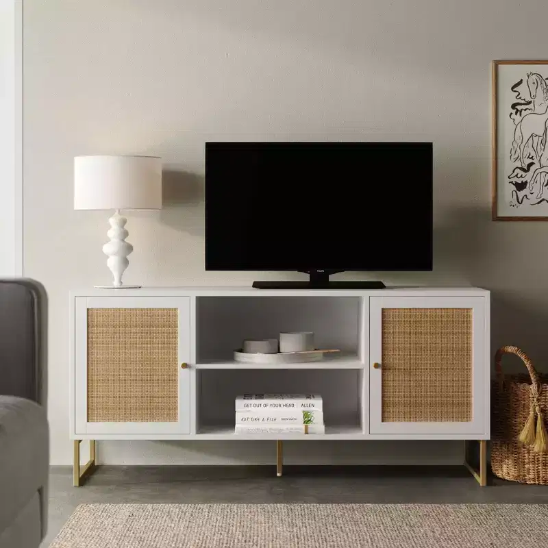 47 Mina Rattan and Wood 2 Door TV Cabinet for TVs up to 59 White/Gold - Nathan James: Boho-Chic Entertainment Center