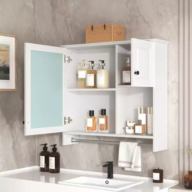 FAMYYT 30 in. W x 27 in. H Rectangular MDF Medicine Cabinet with Mirror, Adjustable Shelves, Towel Bar, White
