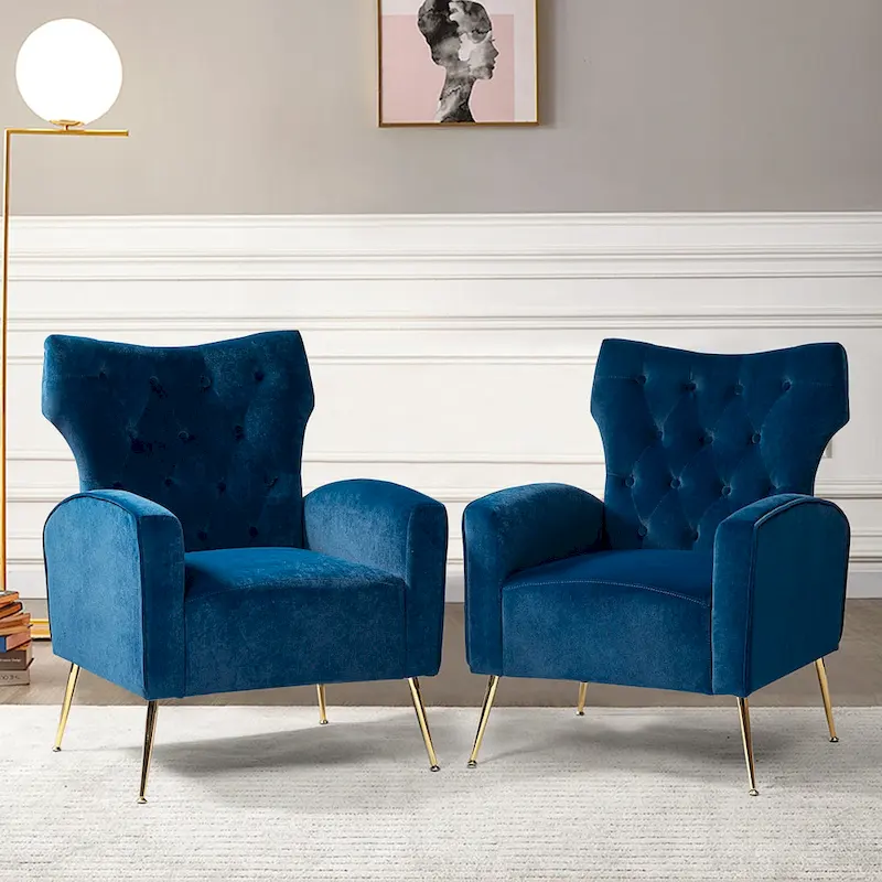 Contemporary Velvet Wingback Tufted Chair With Gold Flared Metal Legs (2-Pack)