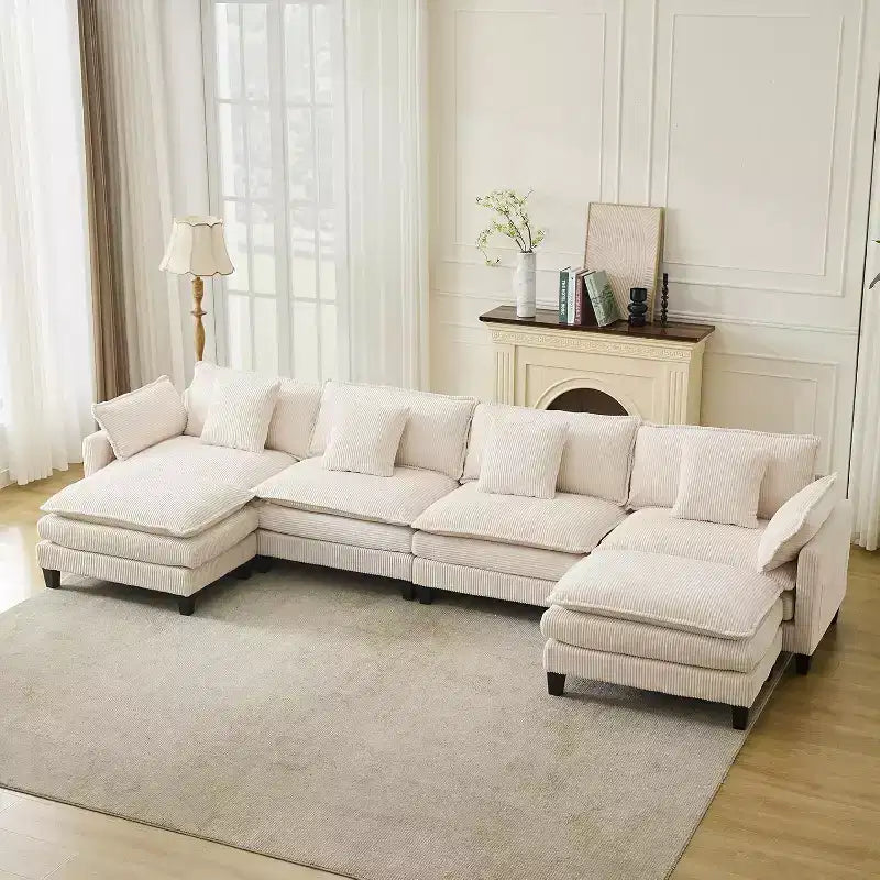 146.5 Modular Sectional Sofa with Ottoman & Pillows  Corduroy U/L-Shaped Cloud Couch for Living Room, Office, Bedroom & Apartment