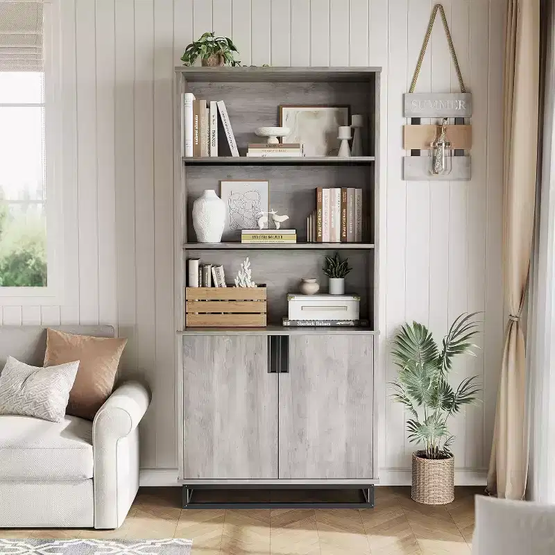 5 Tier Bookcase with Adjustable Shelves and Doors, Tall Bookshelf w/Metal Legs, Rustic Bookcase for Living Room Apartment Office