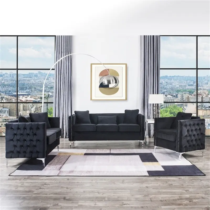 Velvet Living Room Set in Black