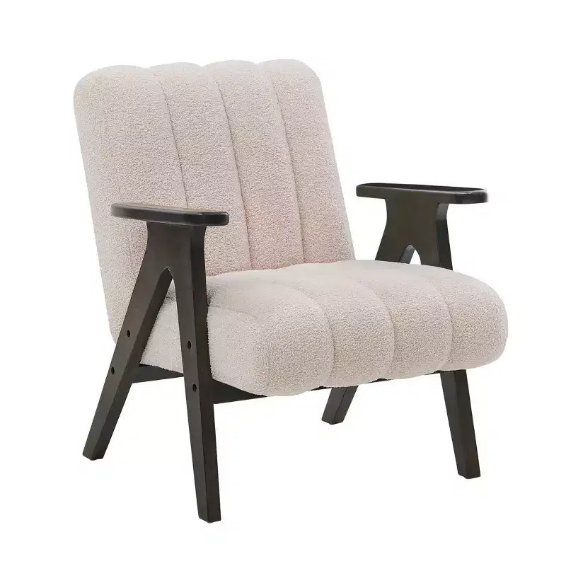 Homy Casa Modern Accent Chair with Channel Tufted Teddy Fabric and Wooden Frame, Beige