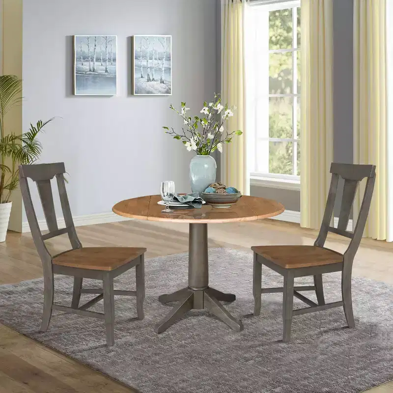 42 Round Dual Drop Leaf Dining Table with 2 Panel Back Chairs Hickory/Washed Coal - International Concepts