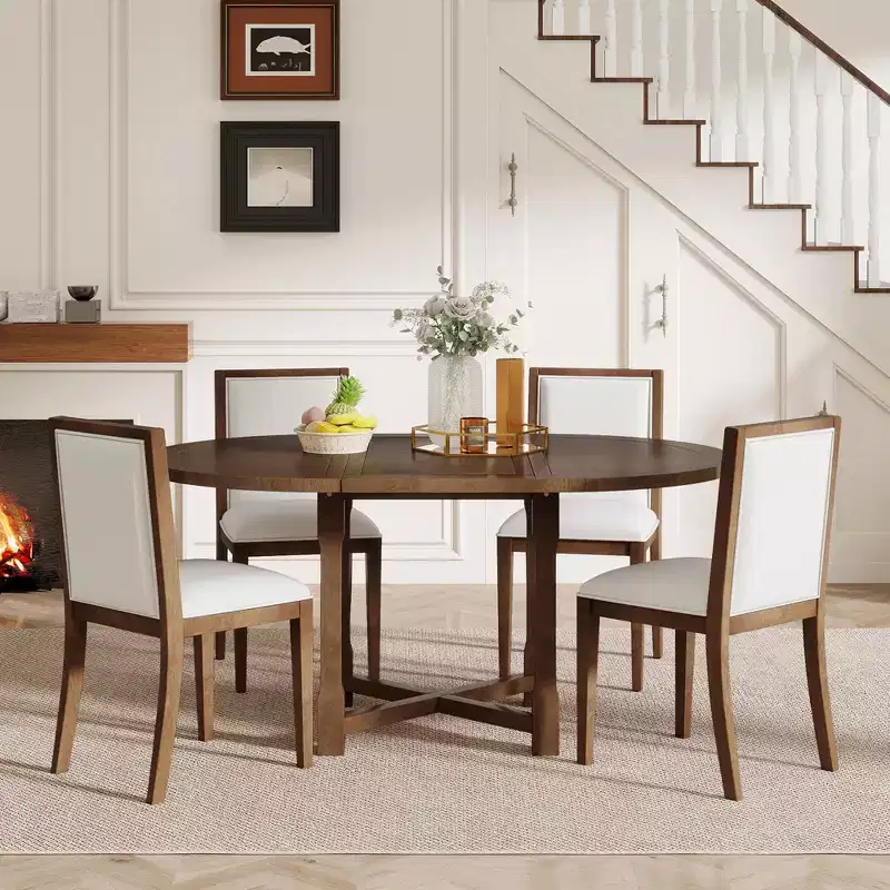 GDFStudio Judith 5 Piece Dining Set with Extendable Round Table and Upholstered Chairs