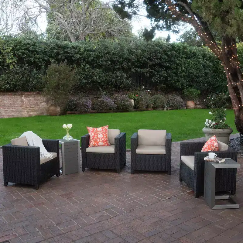 Christopher Knight Home Puerta Outdoor Wicker 4 Seater Club Chair Set with 2 C-Shaped Tables
