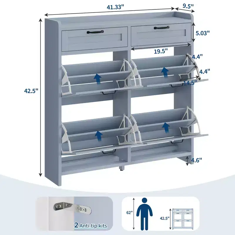 Shoe Storage Cabinet With 4 Flip Drawers, Freestanding Hidden Shoe Organizer with Adjustable Shelves, Wooden Shoe Rack Cabinet For Living Room, White