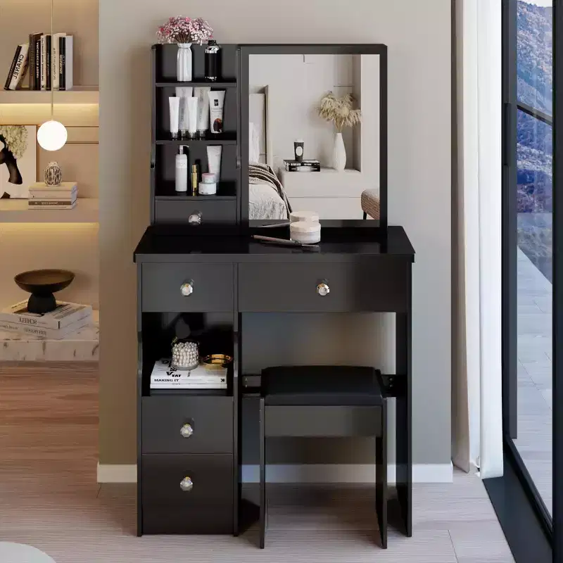 Okak Modern Makeup Vanity with Cushioned Stool, Vanity Desk with Mirror and 5 Drawers, Compact Vanity 6 Shelves for Bedroom, Living Room
