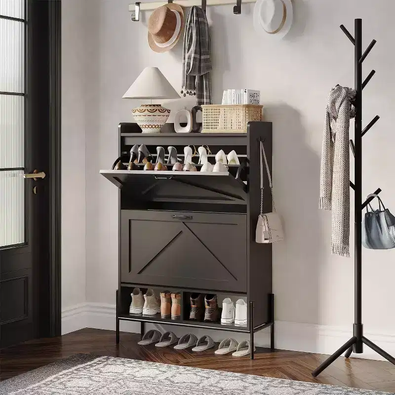 2-Drawer Shoe Cabinet - Farmhouse Rattan Entryway Organizer for 20 Pairs (Freestanding, Tool-Free Assembly)