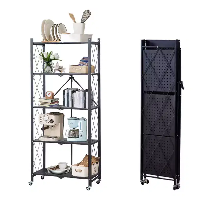CuisinSmart 5-Tier Folding Storage Shelves With Wheels, Heavy Duty Folding Shelves- for Storage Books, Kitchenware, for Kitchen Pantry Balcony