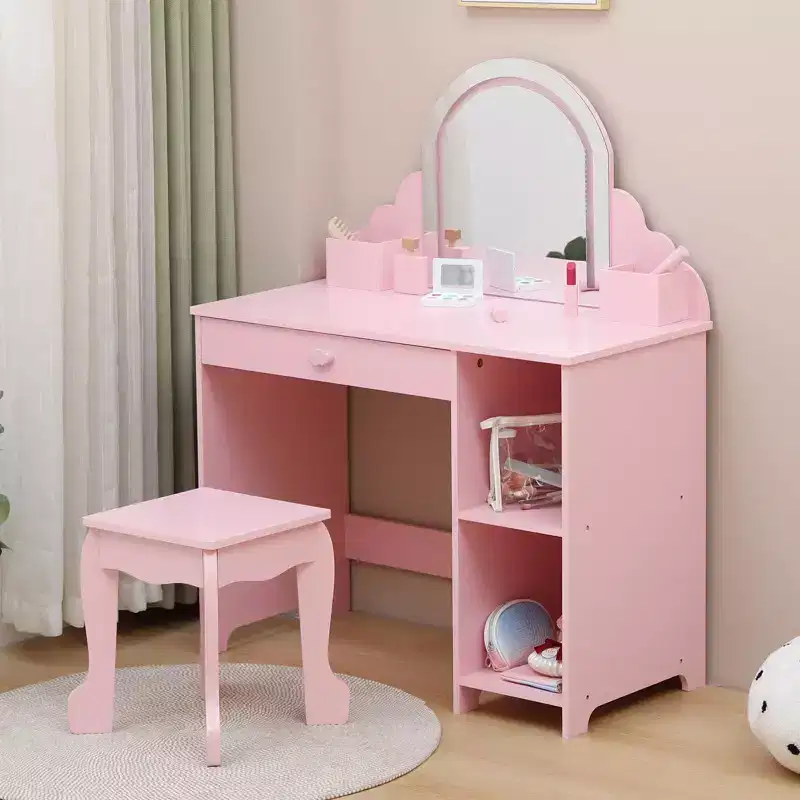 Kids Vanity with Lighted Mirror & Stool, 2 In 1 Makeup Vanity with Storage Drawer & Shelves for Girls 3-9 Pink