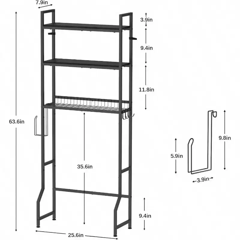 Over Toilet Storage 3 Tier Wooden Bathroom Organizer Black Space Saver Freestanding Above Toilet Stand with 4 Hooks Restroom Laundry