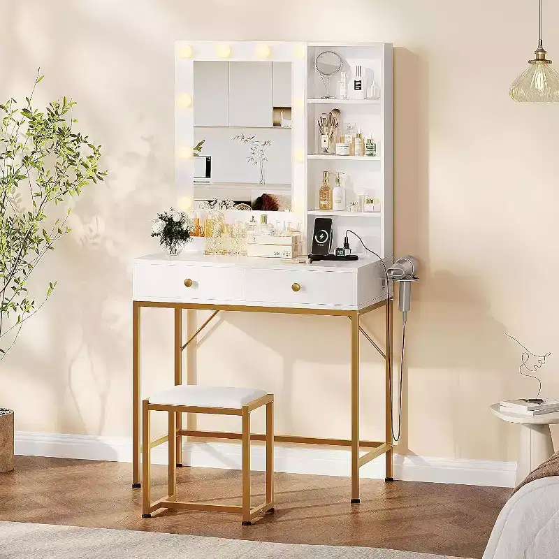 Vanity Desk Makeup Vanity with Large Mirror, 6 Storage Drawers, 3 Color Adjustable Lighting, Open Shelves, Brightness Control, Natural