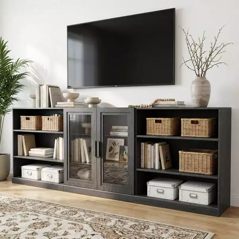 93 Black Wood-Grain Combination Media Storage Cabinets with Adjustable Shelves and 2 Glass Doors for Living Room Bedroom