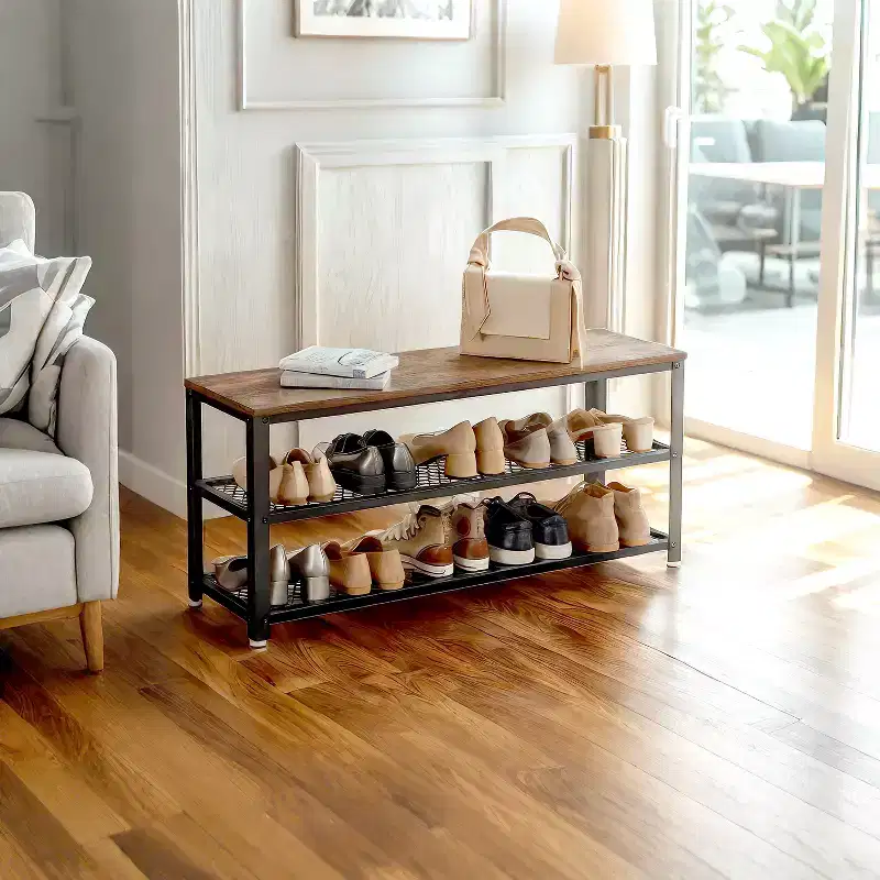 3-Tier Shoe Rack Bench with Metal Mesh Shelves and Seat