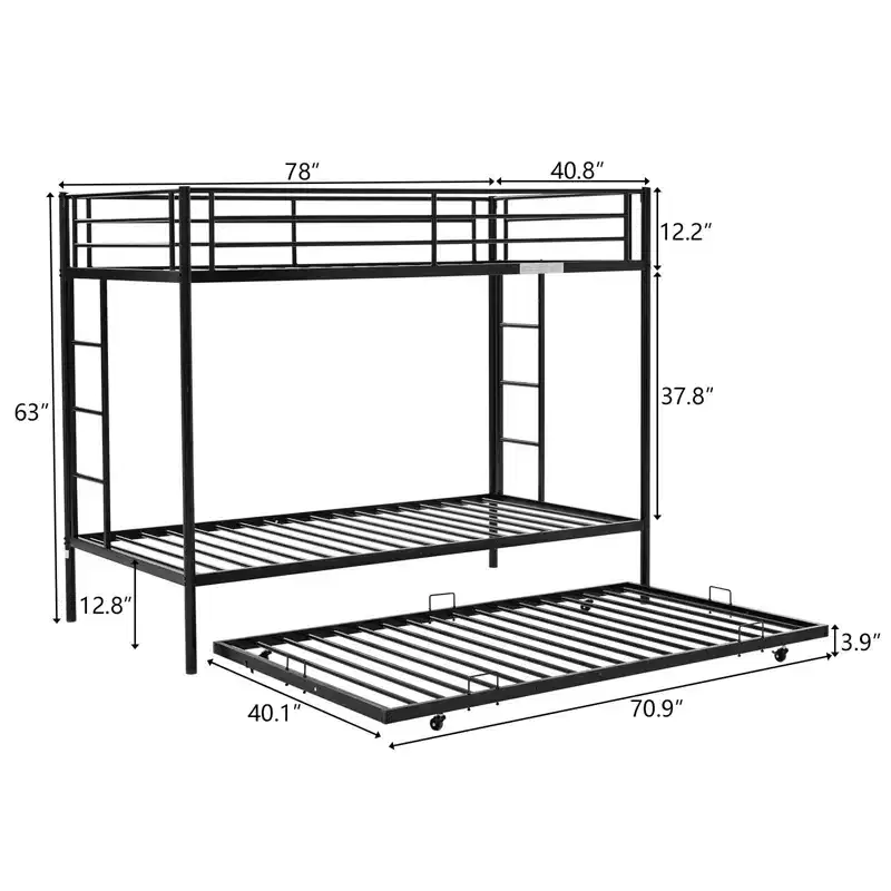 Blcak Twin over Twin Bunk Bed with Trundle, Heavy Duty Metal Bed Frame with Safety Rail Side Ladders