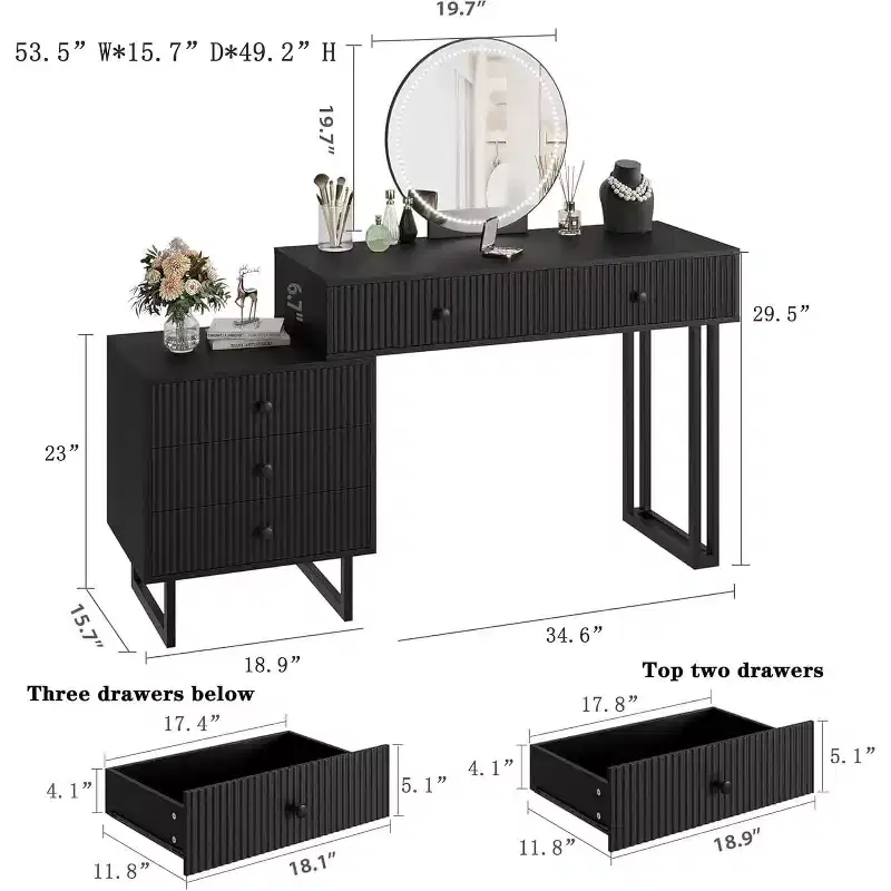 Acekool White Vanity Desk with Mirror and Lights, Modern Makeup Vanity Table with 5 Drawers, 3-Color LED, Adjustable Brightness for Bedroom