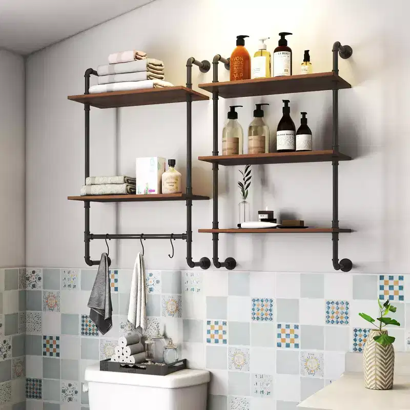 GDFStudio Sian Rustic 2-Tier and 3-Tier Industrial Open Pipe Shelves with 3 Additional Hooks