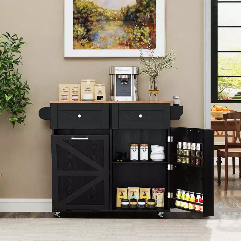 Costway Rolling Kitchen Island Kitchen Island Cart with Drop Leaf Trash Can Cabinet Black/White