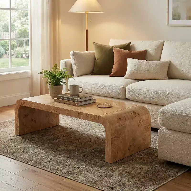Modern Waterfall Coffee Table with Burl Veneer Finish and Curved Edges