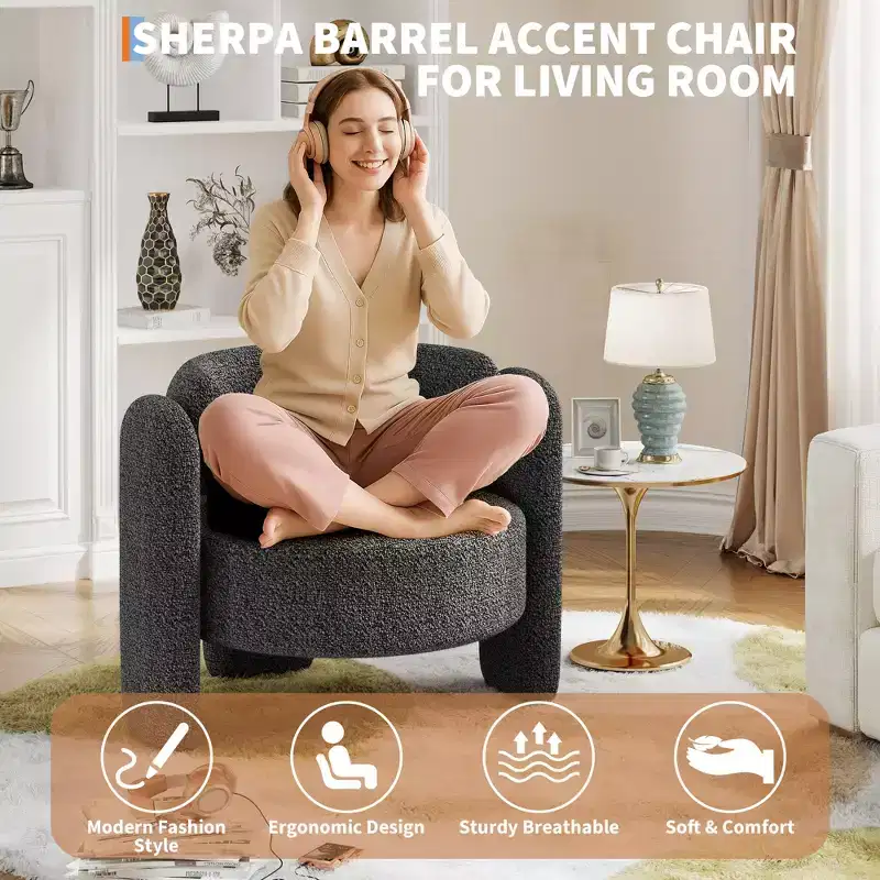 Modern Chenille Accent Chair - Mid-Century Upholstered, Cozy Round Armrest, Open Back, Round Corner Side Sitting Lounge, for Bedroom Office Cafe