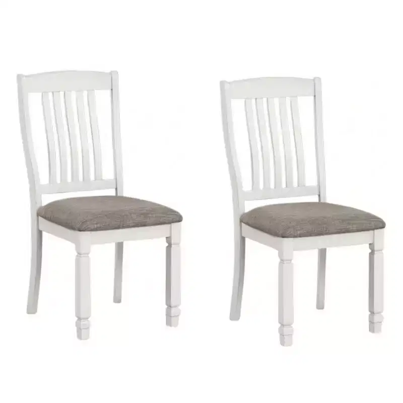 Royal Hampton Side Dining Chair Set of 2, Rustic White Wood, Gray Fabric, Slat Back