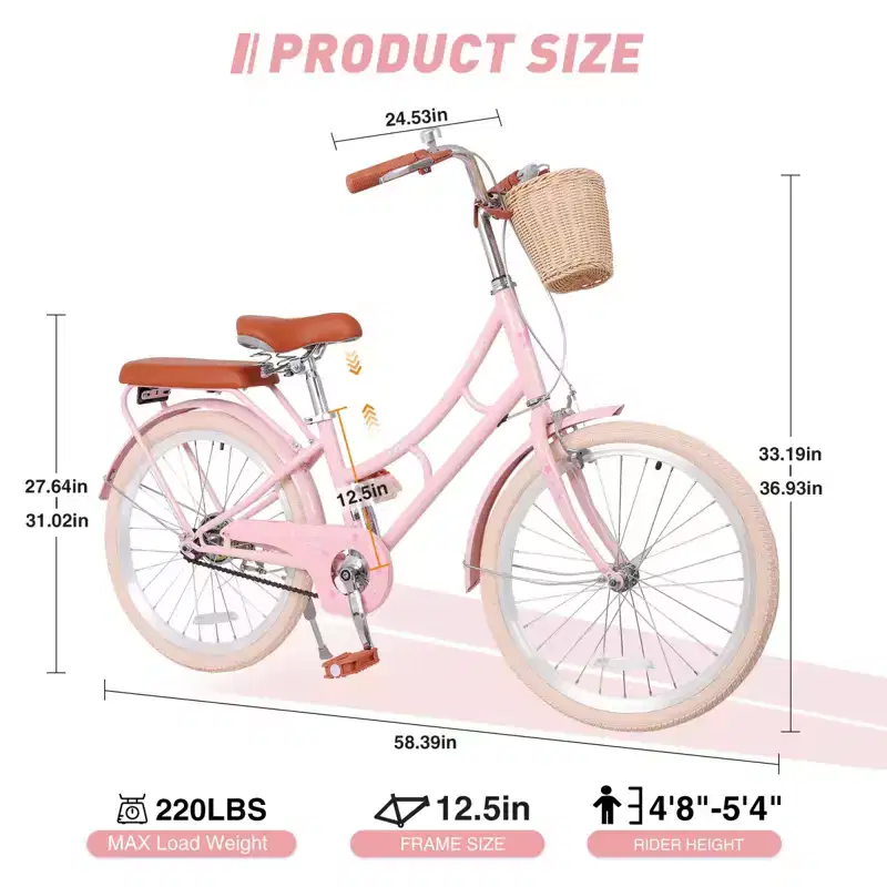 NAYSAYE Girls Beach Cruiser Bike with Front Basket & Sturdy Steel Frame for Comfortable Outdoor City Commute, Pink, 58.39*24.53*36.93