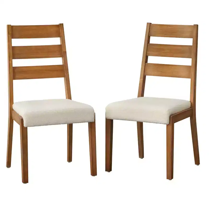 Set of 2 Farmhouse Ladder Back Dining Chairs, Off White/Antique Oak, Rubberwood
